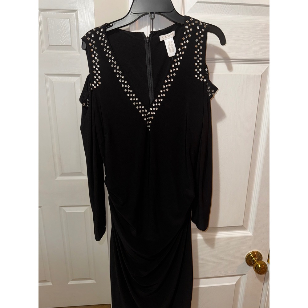 Cache Black Rhinestone Cold Shoulder Ruched Long Sleeve Cocktail Dress - Picture 3 of 11